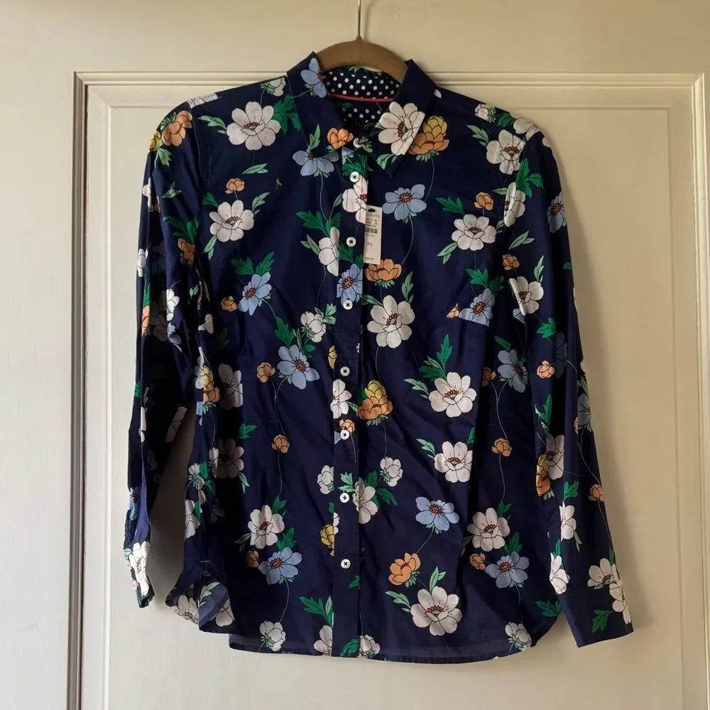Talbots Navy Floral Button-Down Shirt with White and Green Accents